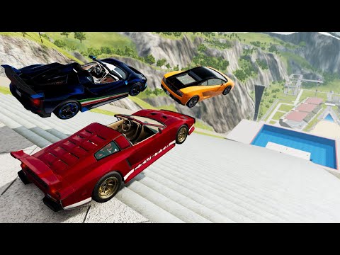 Expensive Cars Stairs Jumps Down In Big Pool (Crash Test) - BeamNG.drive Down Stairs Jumps In Pool