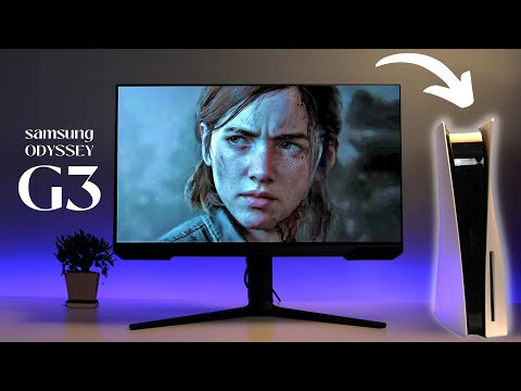 thumbnail of video showing image of Samsung Odyssey G3 24 inch Gaming Monitor with words Samsung Odyssey G3 on left and plant in background and CPU on right side with arrow pointing to CPU from top of monitor
