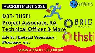 DBT–THSTI Recruitment 2026 | Project Associate, RA, Technical Officer & More | Apply by 24 Feb