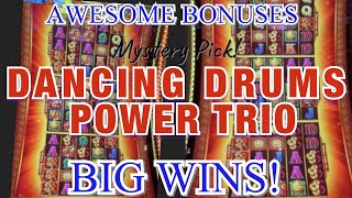 Dancing Drums Power Trio Slot Machine Awesome Bonuses & Retriggers! Big Wins! Mystery Pick!! 👍😁