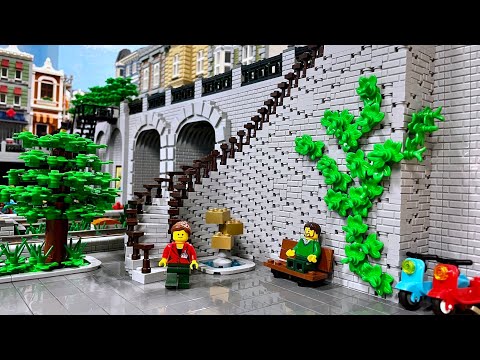 Springbrunnen beim Treppenaufgang und Abgrenzung des Hafenbereichs - Bau einer Lego Stadt Teil 260.