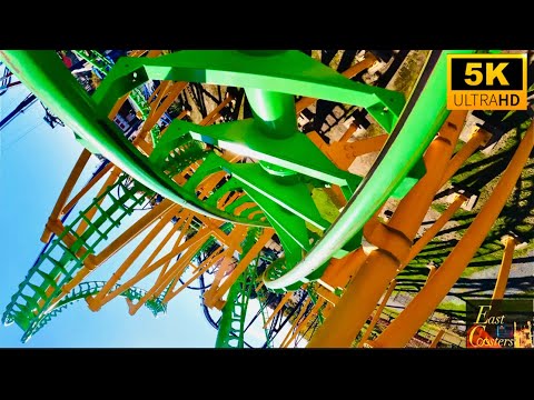 On-ride point of view of Riddler Revenge