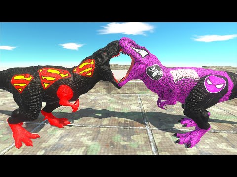 PURPLE SPIDERMAN T-REX VS BLACK SUPER MAN T-REX DEATH RUN - Animal Revolt Battle Simulator