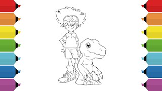 Coloring Digimon Yagami Taichi and Agumon Coloring Page