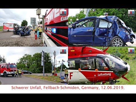 [Raser prallt gegen Mast & Blitzer] Schwerer Unfall / MVA w. Entrapment, Fellbach, 12.06.2019.
