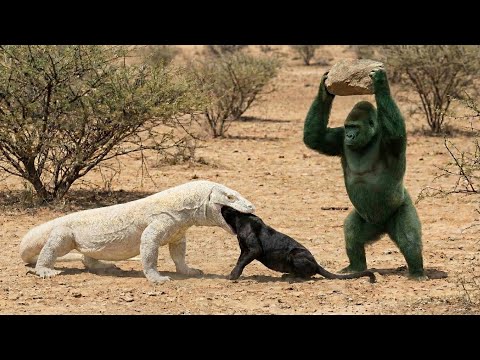 WILD DEFIANCE: Albino Komodo Stands Against Black Panther and   Green Gorilla  