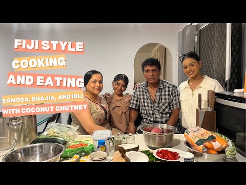 Fiji-style cooking and eating Samosa, Bhajia, and Idli with coconut chutney