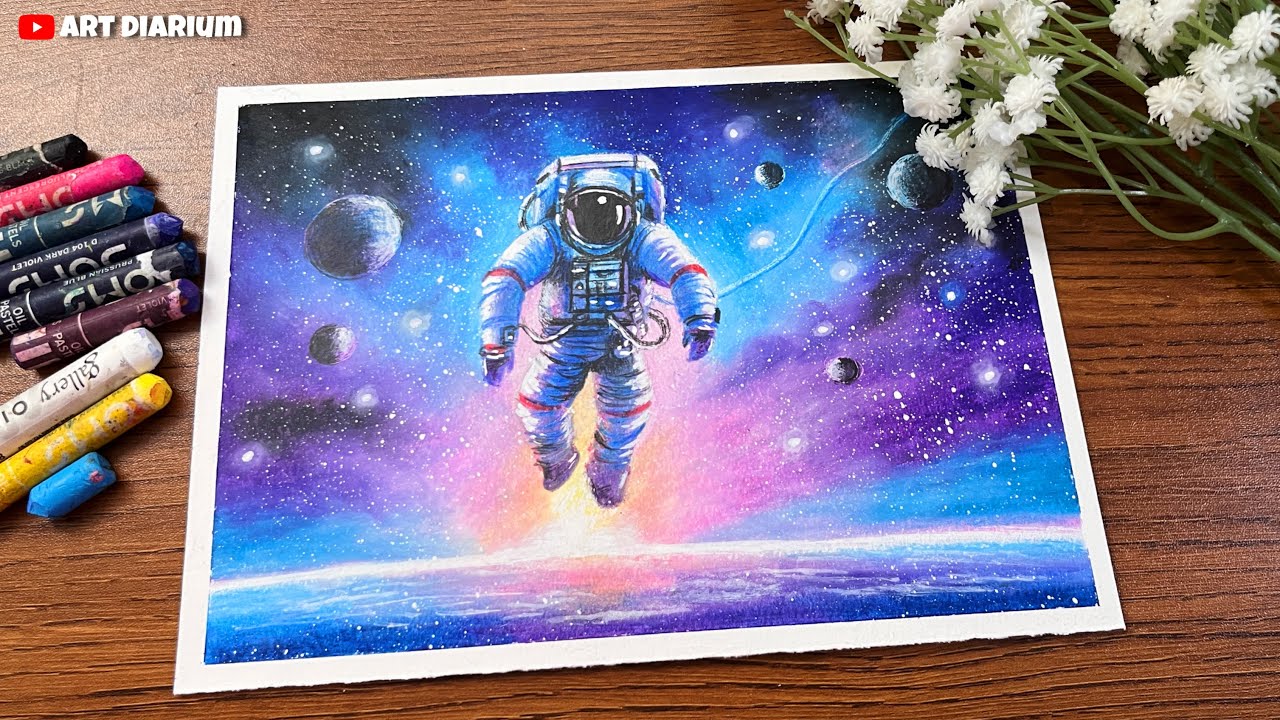 A Floating Astronaut in Space Scenery Painting | Oil Pastel Drawing