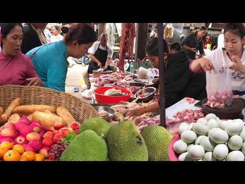 Amazing Cambodian Wet Market Food Scenes & Lively Fish, Fruits, Dancing, People Activities & raining