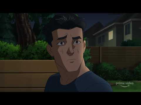 Invincible (2021) official trailer frame with Mark Grayson taking off over the city at dusk