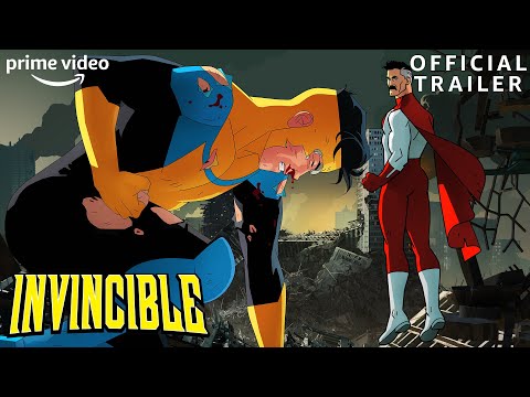 Trailer still: Mark, Omni-Man, and the skyline—foreshadowing bright heroism scored against darker turns