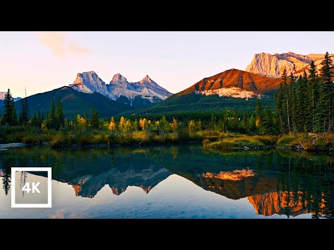 4K Three Sisters Mountains in Evening Glow | Canadian Rockies Lake Ambience | Relaxing Birdsong