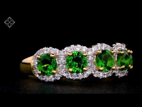 Emerald and Diamond Halo 5 Stone Asteria Ring in 18K White Gold Version - FT87-GY