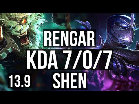 RENGAR vs SHEN (TOP) | 7/0/7, 900+ games, 1.1M mastery, Godlike | KR Master | 13.9