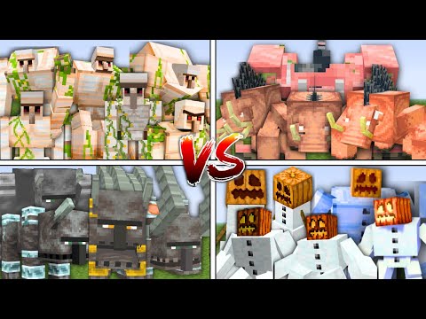 ALL IRON GOLEMS vs ALL HOGLINS vs ALL RAVAGERS vs ALL SNOW GOLEMS in Minecraft Mob Battle