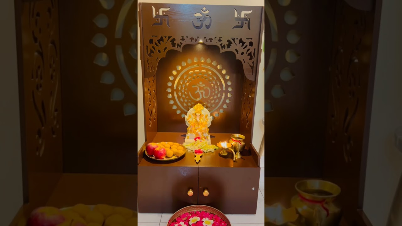 Designer Om Chakra Floor Temple with Spacious Wooden Shelf & Inbuilt Focus Light- Brown Finish