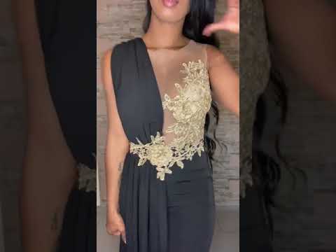 Moda Mania | Tuta elegante nera alla romana Bby corpetto in tulle a fiori dorati strascico laterale