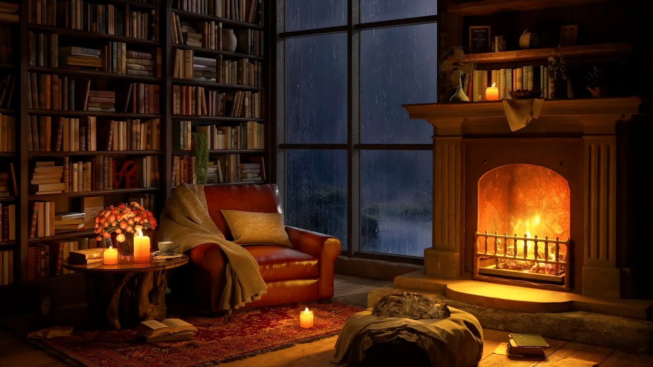 Dark Stormy Night in a Cozy Cabin - Thunderstorm and Fireplace Ambience