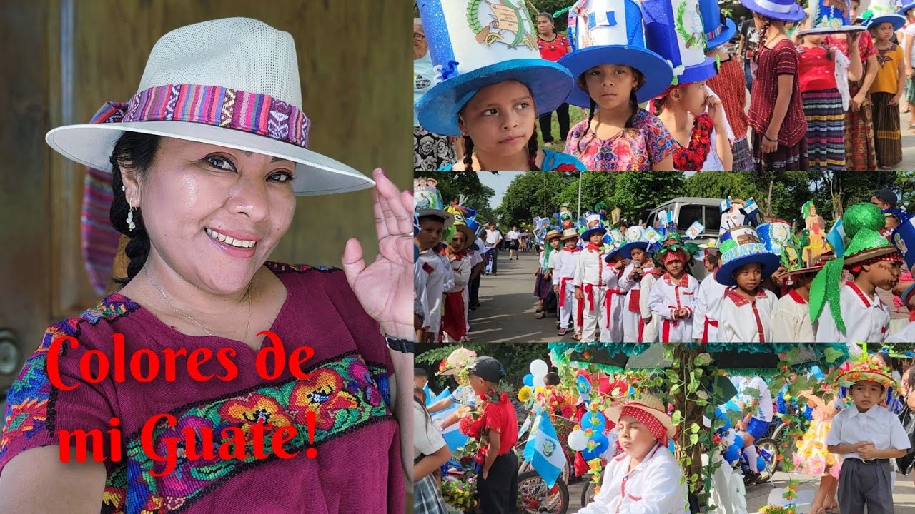 Asi se vive el desfile/trajes típicos, flores, colores, leyendas "Viva Guatemala"