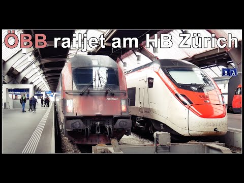 Abfahrt eines ÖBB railjet am Hauptbahnhof Zürich, Stadt Zürich, Schweiz 2020