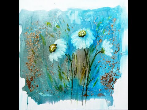 Flower Painting, Mixed Media, Acrylic Ink, Light Texture/ Blumenmalerei, Mischtechnik,  V411