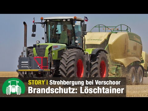 Strohpressen XXL mit Verschoor | 2x Claas Xerion + Krone BiGPack | Löschtainer Brandschutz Recker