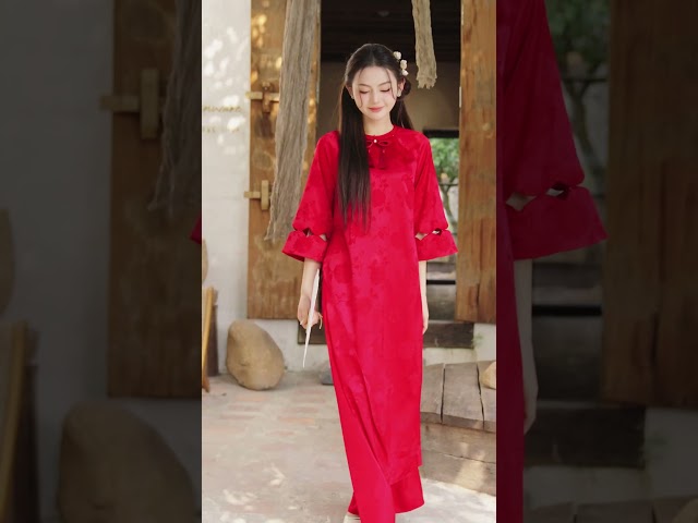 ED25S575 - Sét bộ áo dài lụa gấm thêu hoa