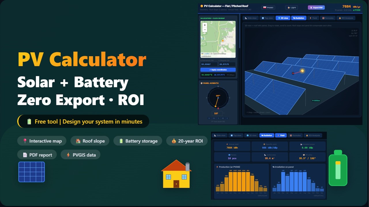 ☀️🔋PV Calculator – Free Tool to Design Solar PV with Battery Storage | Zero Export, Net‑billing, ROI