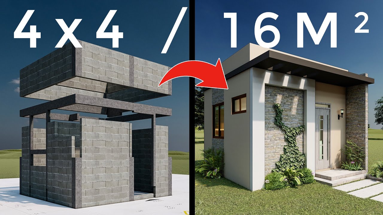 🏠 Plano de Casa 4x4 / Casa Económica de 16 metros cuadrados / diseño de casa pequeñas y bonita 🤯