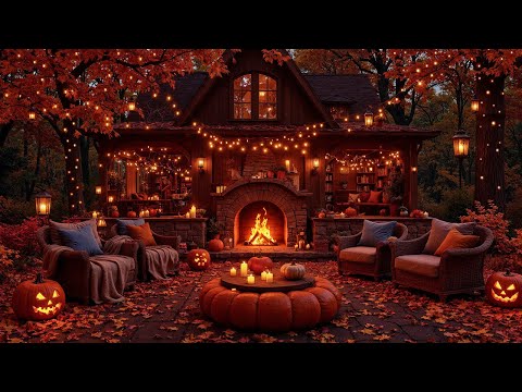 Spooky Autumn Jazz Ambience 🔥 Halloween Night Forest by the Fireplace with Gentle Relaxing Tunes