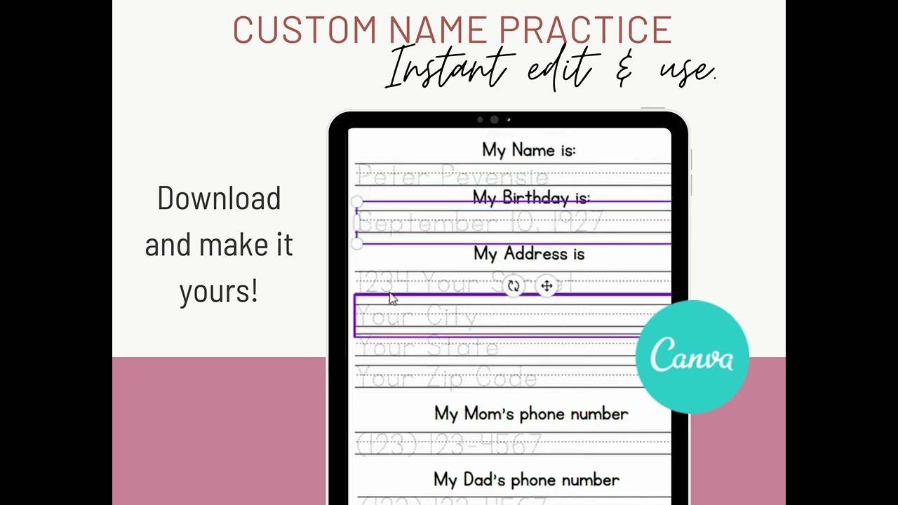 Editable Name Tracing Worksheet, Canva Template, Learn to Write My Name & Address
