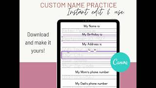 Editable Name Tracing Worksheet, Canva Template, Learn to Write My Name & Address