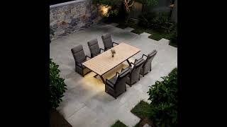 OUTFLEXX Luminara Garten-Essgruppe mit LED-Beleuchtung, anthrazit/natur, Aluminium/Polyrattan/Holzimitat, Tisch 240 x 100 cm, 6 Sessel