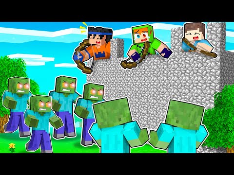 Defending Village with Giant Wall from Zombie Attack! Minecraft Redstone Era #52