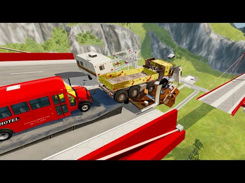 Heavy Vehicle Open Bridge Jumps Through Travel Trailer (Camper Trailer) - BeamNG.drive Insane Jumps