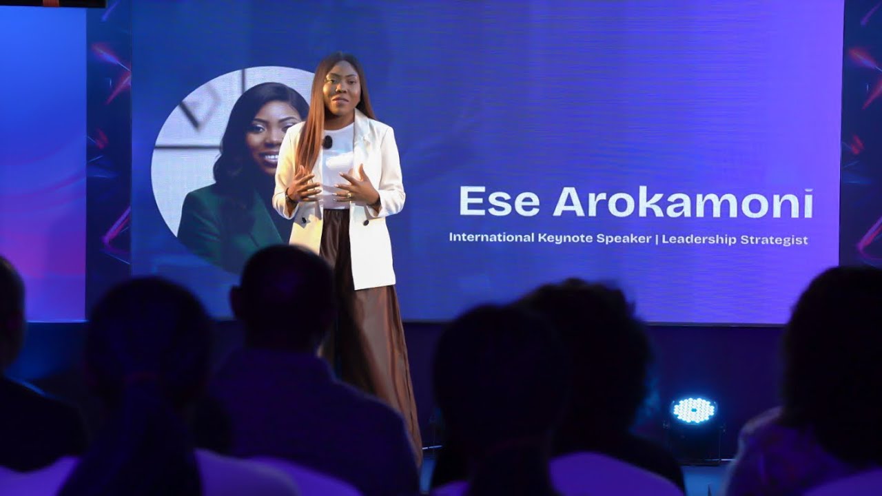 Ese Arokamoni presenting on corporate stage