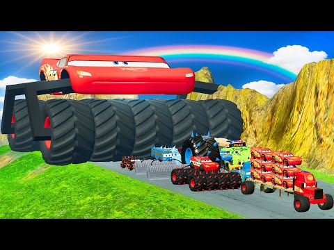 Big & Small Wide Lightning McQueen Giant Double Wheels & Pixar Cars vs DOWN OF DEATH | BeamNG.Drive