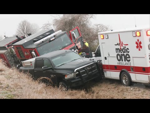 02-10-2021 Trumann, AR icy conditions with Fire Truck and Ambulance accidents and SOT