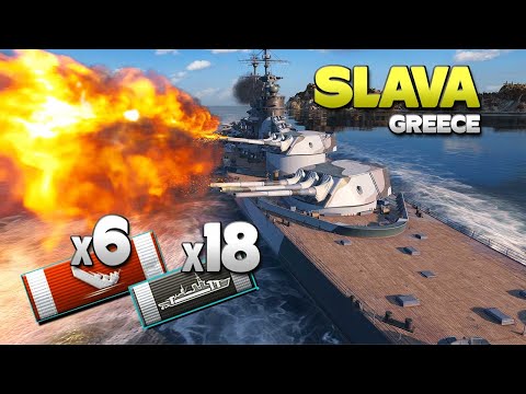 Battleship Slava on map Greece, 320k damage - World of Warships