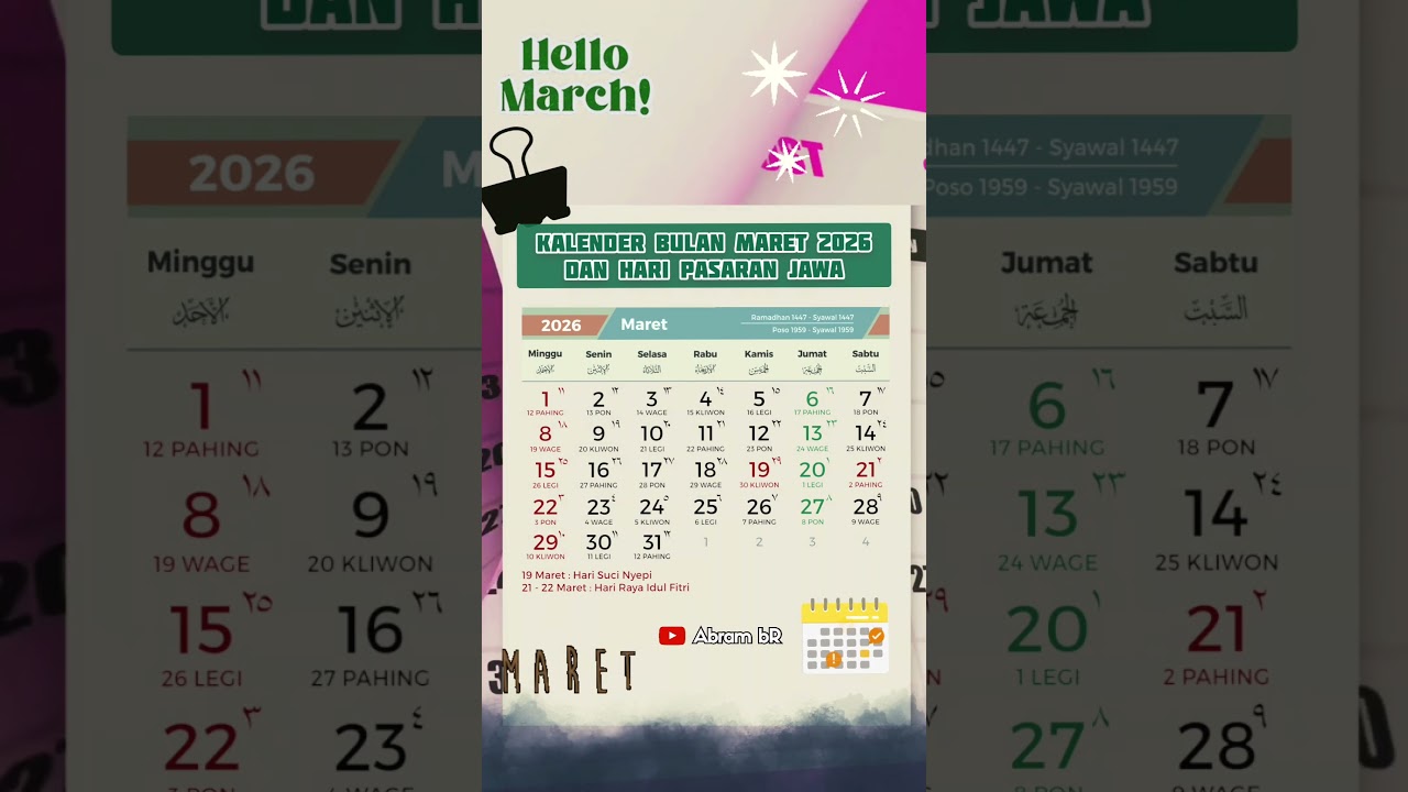 Kalender Bulan Maret 2026 dan Hari Pasaran Jawa