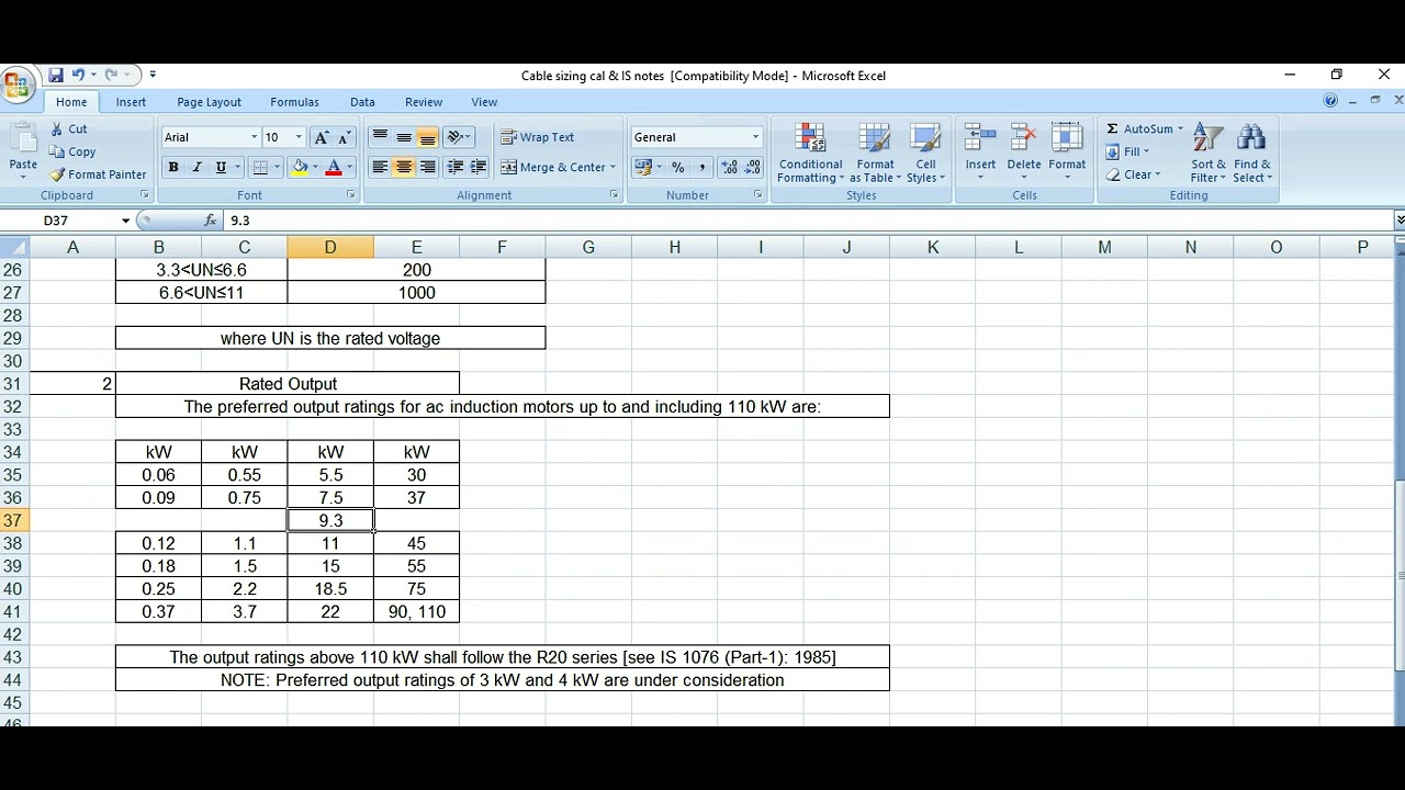 Standard Electrical Motor Rating - IS/IEC