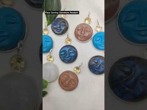 Face Carving Gemstone Bezel Set Pendant Round Shape Sterling Silver Semi Precious Stone Pendants