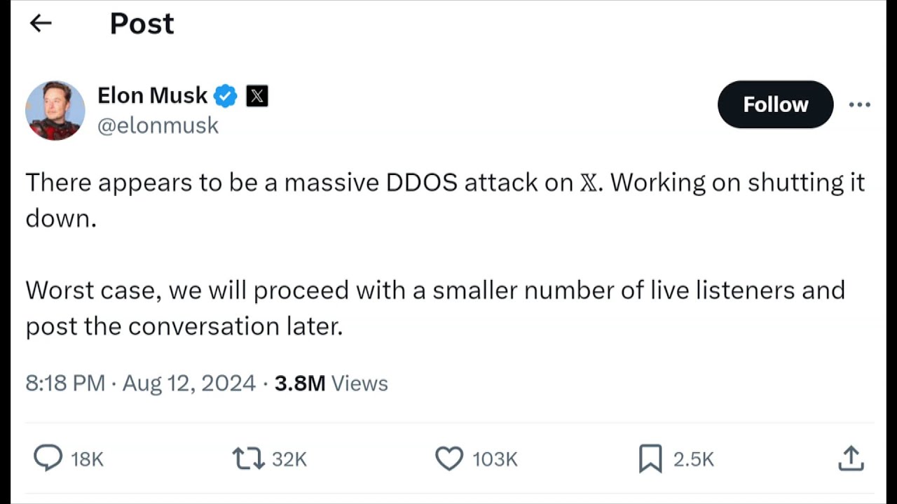 Musk diz que entrevista com Trump no X foi prejudicada por ataque cibernético 'maciço' | AFP