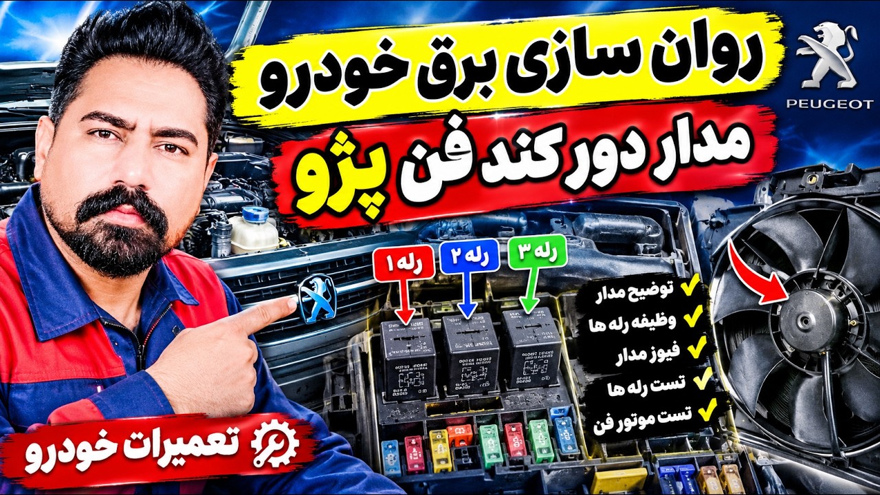 آموزش مدار دور کند فن پژو با ساده‌ترین روش 🔥 وظیفه ۳ رله، فیوز و تست موتور فن