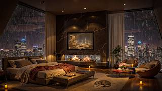 🌧️ Rainy Night Bedroom Jazz 🌙 Cozy Fireplace Lounge & Skyline Sleep Ambience