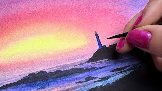 Watercolor Sunset Lighthouse Landscape Tutorial for Beginners