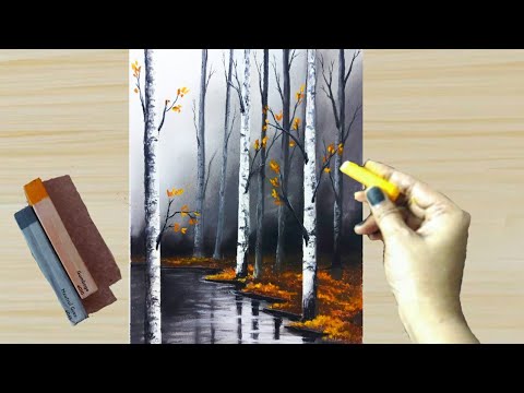 Soft Pastel Drawing - How to Draw (step by step) Misty Autumn Forest Landscape Painting/Drawing.
