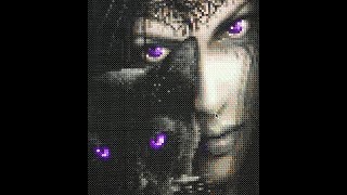 cross stitch world - woman and cat with purple eyes