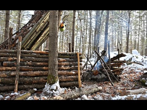 Solo Bushcraft Camp. 2 Nights in the Snow - Natural Shelter, Minimal Gear.