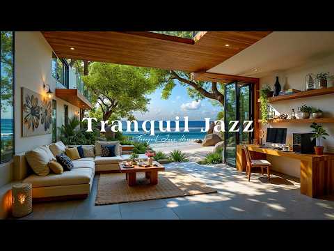 Stress Relief with Tranquil Jazz Instrumental Music | Cozy Living Room Ambience & Ocean Waves